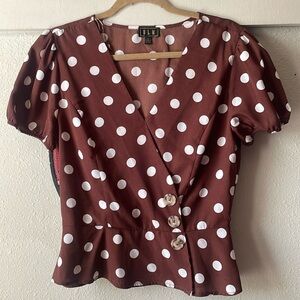 Vintage OLM brown white polka dot cap sleeve button blouse